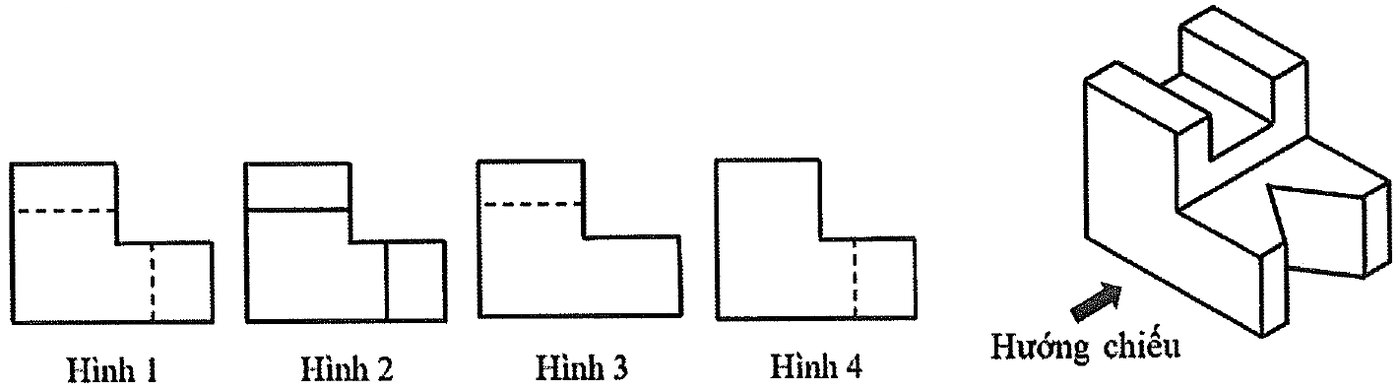 Bốn hình chiếu chữ L (Hình 1 đến Hình 4) khác nhau ở các nét đứt, nét liền bên trong, và hình chiếu trục đo của vật thể có mũi tên chỉ hướng chiếu.