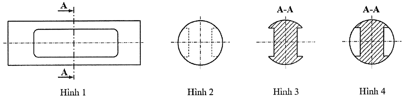 Bốn hình biểu diễn: Hình 1 hình chiếu có vết mặt phẳng cắt A-A, Hình 2 hình tròn có nét đứt, Hình 3 chỉ có vùng gạch chéo ghi A-A, Hình 4 hình tròn có vùng gạch chéo ghi A-A.