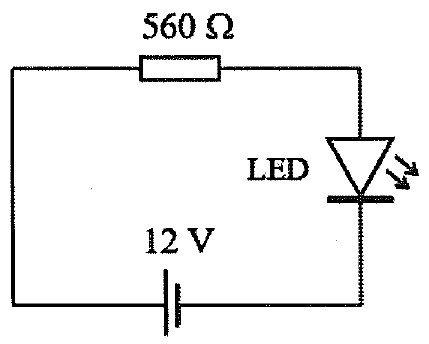 Mạch điện gồm nguồn 12 V, điện trở 560 Ω và đèn LED mắc nối tiếp.