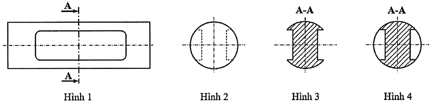 Bốn hình biểu diễn của một vật: Hình 1 có vết mặt phẳng cắt A-A, Hình 2 là hình tròn có nét đứt, Hình 3 và Hình 4 ghi A-A có phần gạch chéo; Hình 4 có thêm đường tròn bao ngoài.