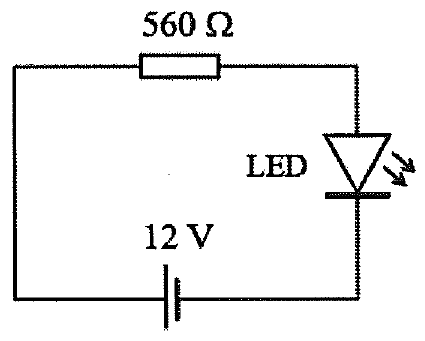 Mạch điện gồm nguồn 12 V, điện trở 560 Ω và đèn LED mắc nối tiếp.