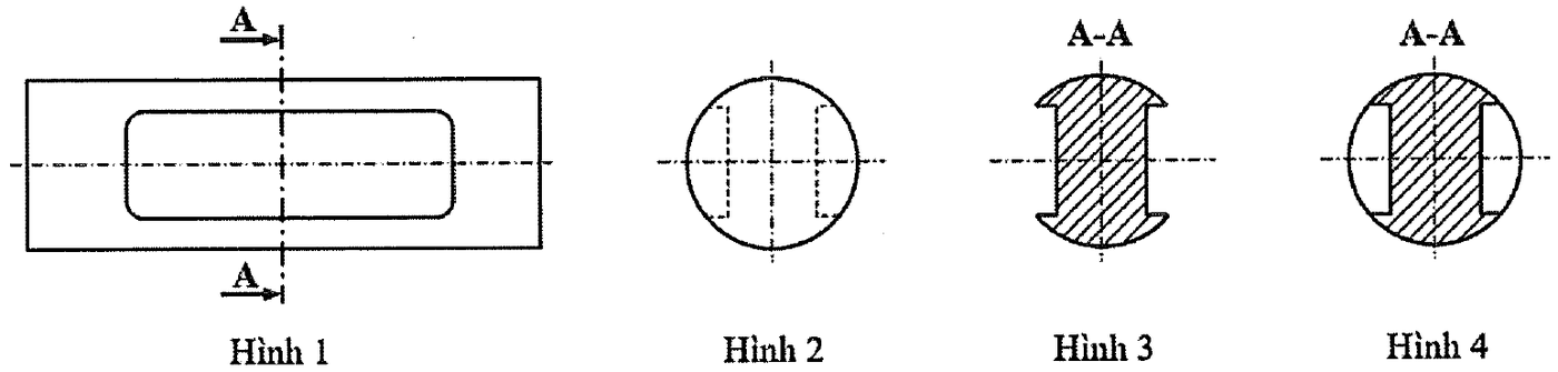 Bốn hình biểu diễn của một vật: Hình 1 có vết mặt phẳng cắt A-A, Hình 2 là hình tròn có nét đứt, Hình 3 và Hình 4 ghi A-A có phần gạch chéo; Hình 4 có thêm đường tròn bao ngoài.