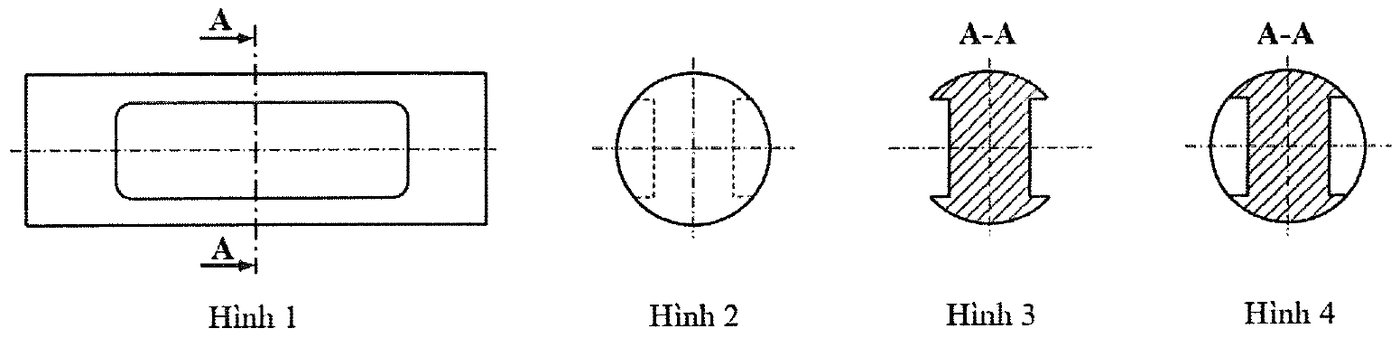 Bốn hình biểu diễn: Hình 1 hình chiếu có vết mặt phẳng cắt A-A, Hình 2 hình tròn có nét đứt, Hình 3 chỉ có vùng gạch chéo ghi A-A, Hình 4 hình tròn có vùng gạch chéo ghi A-A.