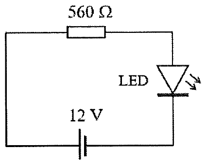 Mạch điện gồm nguồn 12 V, điện trở 560 Ω và đèn LED mắc nối tiếp.