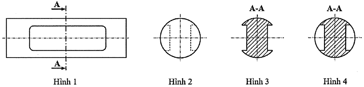 Bốn hình biểu diễn của một vật: Hình 1 có vết mặt phẳng cắt A-A, Hình 2 là hình tròn có nét đứt, Hình 3 và Hình 4 ghi A-A có phần gạch chéo; Hình 4 có thêm đường tròn bao ngoài.