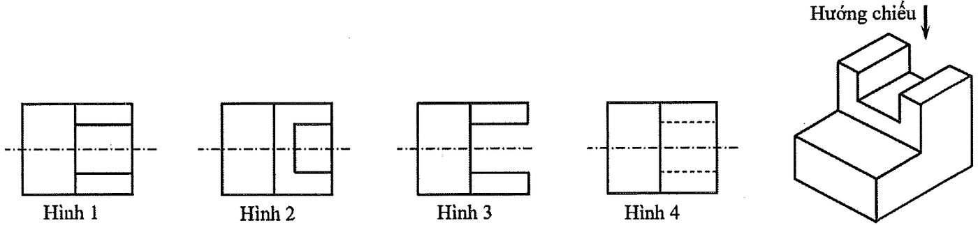 Bốn hình chiếu vuông góc đánh số Hình 1 đến Hình 4 và hình chiếu trục đo của vật thể có khối đế thấp, khối cao phía sau với rãnh chữ U, kèm mũi tên hướng chiếu từ trên xuống.