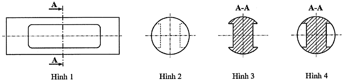 Bốn hình biểu diễn: Hình 1 hình chiếu có vết mặt phẳng cắt A-A, Hình 2 hình tròn có nét đứt, Hình 3 chỉ có vùng gạch chéo ghi A-A, Hình 4 hình tròn có vùng gạch chéo ghi A-A.