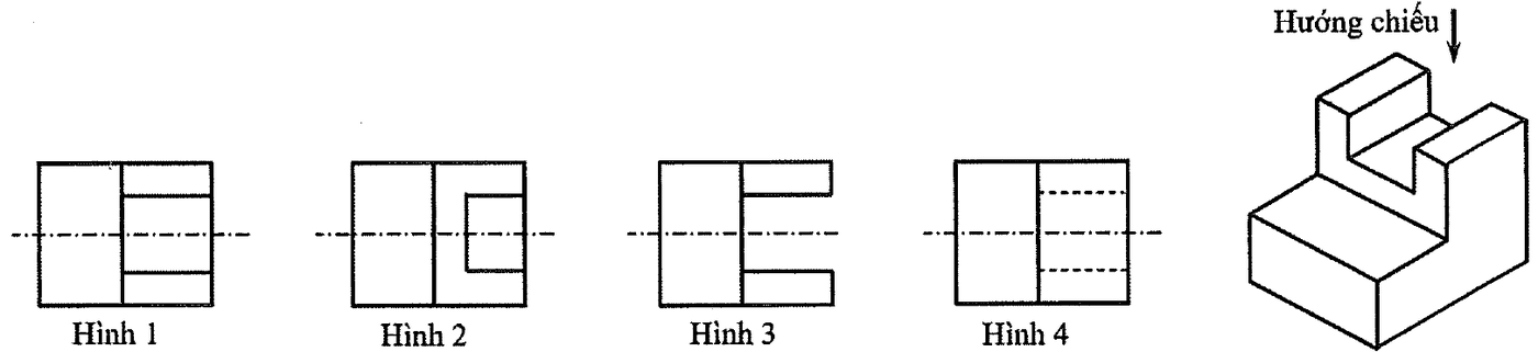 Bốn hình chiếu vuông góc đánh số Hình 1 đến Hình 4 và hình chiếu trục đo của vật thể có khối đế thấp, khối cao phía sau với rãnh chữ U, kèm mũi tên hướng chiếu từ trên xuống.