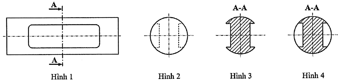 Bốn hình biểu diễn của một vật: Hình 1 có vết mặt phẳng cắt A-A, Hình 2 là hình tròn có nét đứt, Hình 3 và Hình 4 ghi A-A có phần gạch chéo; Hình 4 có thêm đường tròn bao ngoài.