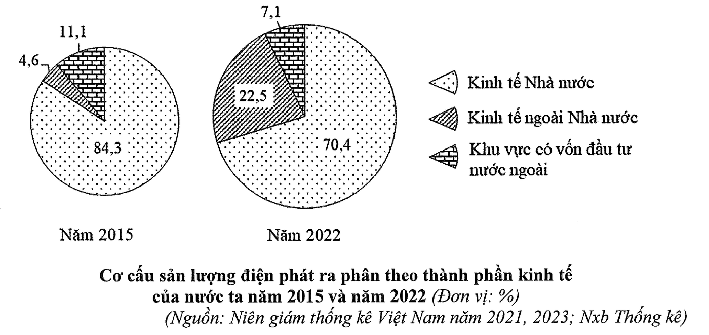 Hai biểu đồ tròn cơ cấu sản lượng điện phát ra phân theo thành phần kinh tế của nước ta năm 2015 và năm 2022
