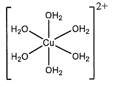 Cấu tạo phức chất [Cu(OH2)6]2+: nguyên tử Cu ở tâm nối với sáu phân tử H2O, một ở trên, một ở dưới và bốn ở hai bên, cả cụm trong ngoặc vuông mang điện tích 2+