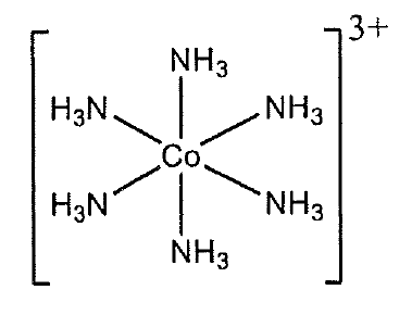 Cấu tạo phức chất [Co(NH3)6]3+: nguyên tử Co ở tâm liên kết với sáu phối tử NH3, hai phối tử trên dưới và bốn phối tử hai bên, cả cụm trong ngoặc vuông mang điện tích 3+