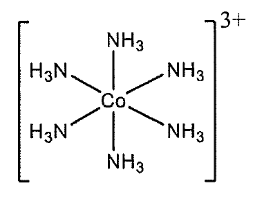 Cấu tạo phức chất [Co(NH3)6]3+: nguyên tử Co ở tâm liên kết với sáu phối tử NH3, một phối tử ở trên, một ở dưới và bốn phối tử ở hai bên, cả cụm trong ngoặc vuông mang điện tích 3+