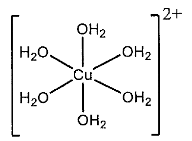 Cấu tạo phức chất [Cu(OH2)6]2+: nguyên tử Cu ở tâm nối với sáu phân tử H2O, hai phân tử trên dưới và bốn phân tử hai bên, cả cụm trong ngoặc vuông mang điện tích 2+