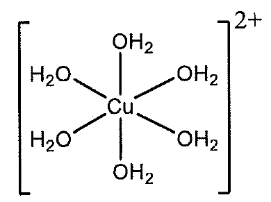 Cấu tạo phức chất [Cu(OH2)6]2+: nguyên tử Cu ở tâm nối với sáu phân tử H2O, hai phân tử trên dưới và bốn phân tử hai bên, cả cụm trong ngoặc vuông mang điện tích 2+