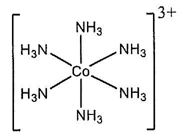 Cấu tạo phức chất [Co(NH3)6]3+: nguyên tử Co ở tâm liên kết với sáu phối tử NH3, hai phối tử trên dưới và bốn phối tử hai bên, cả cụm trong ngoặc vuông mang điện tích 3+