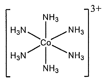 Cấu tạo phức chất [Co(NH3)6]3+: nguyên tử Co ở tâm liên kết với sáu phối tử NH3, hai phối tử trên dưới và bốn phối tử hai bên, cả cụm trong ngoặc vuông mang điện tích 3+