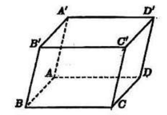 Hình hộp ABCD.A'B'C'D' với đáy dưới ABCD, đáy trên A'B'C'D', các đoạn AA', AB, AD vẽ nét đứt