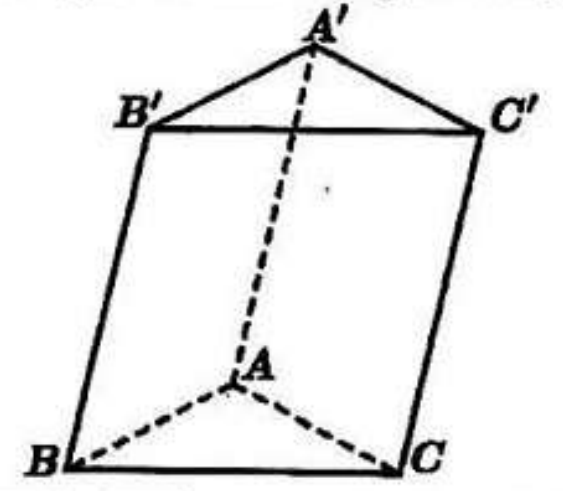 Hình lăng trụ tam giác ABC.A'B'C', đáy trên A'B'C', đáy dưới ABC, các đoạn AA', AB, AC vẽ nét đứt