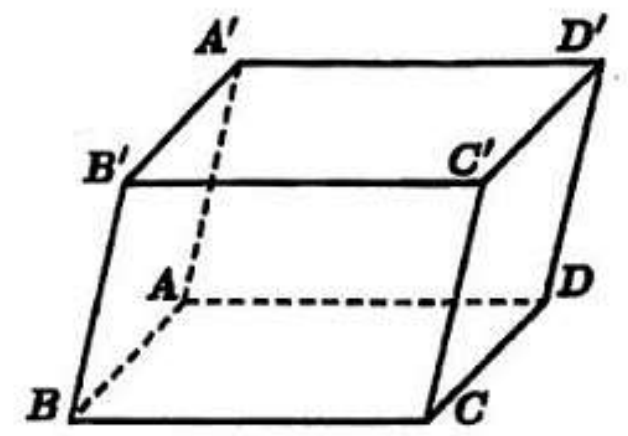 Hình hộp ABCD.A'B'C'D' với đáy dưới ABCD, đáy trên A'B'C'D', các đoạn AA', AB, AD vẽ nét đứt