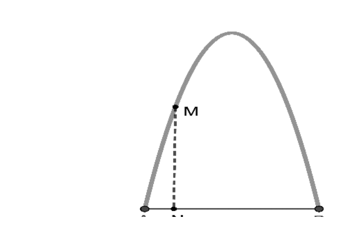 Cổng hình parabol có hai chân A, B; điểm M trên cổng và hình chiếu N trên mặt đất.