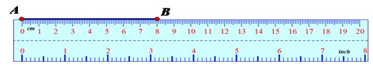 Thước có A ở vạch 0 cm và B ở vạch 8 cm