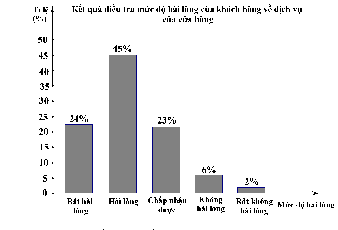 Biểu đồ cột thể hiện tỉ lệ % mức độ hài lòng của khách hàng: Rất hài lòng 24%, Hài lòng 45%, Chấp nhận được 23%, Không hài lòng 6%, Rất không hài lòng 2%.