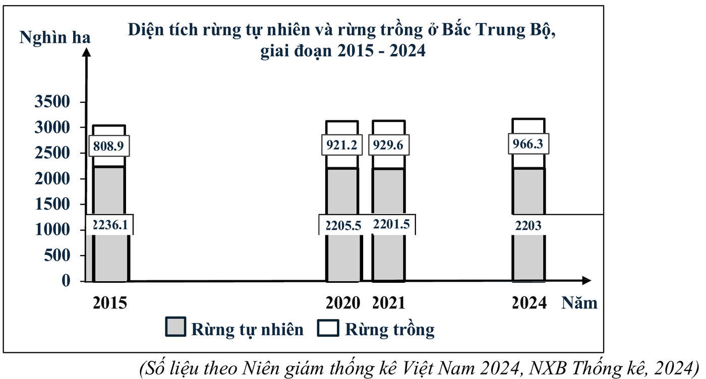 Biểu đồ cột chồng thể hiện diện tích rừng tự nhiên và rừng trồng ở Bắc Trung Bộ giai đoạn 2015 - 2024, đơn vị nghìn ha