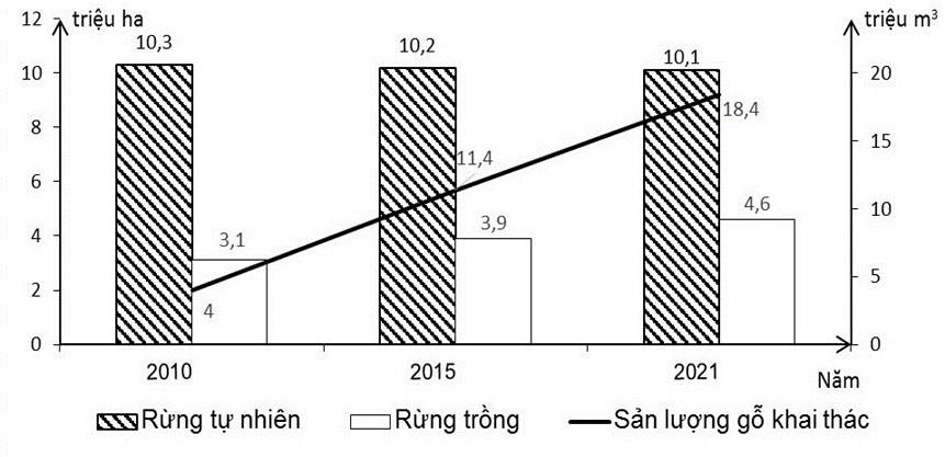 Biểu đồ diện tích rừng và sản lượng gỗ khai thác của Việt Nam giai đoạn 2010 đến 2021