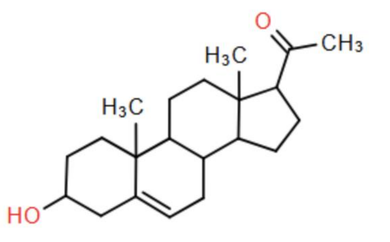 Công thức cấu tạo của chất X: khung steroid mang nhóm HO, một liên kết đôi C=C trong vòng và nhóm acetyl