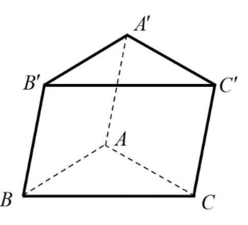 Hình lăng trụ tam giác ABC.A phẩy B phẩy C phẩy với đáy dưới ABC và đáy trên A phẩy B phẩy C phẩy