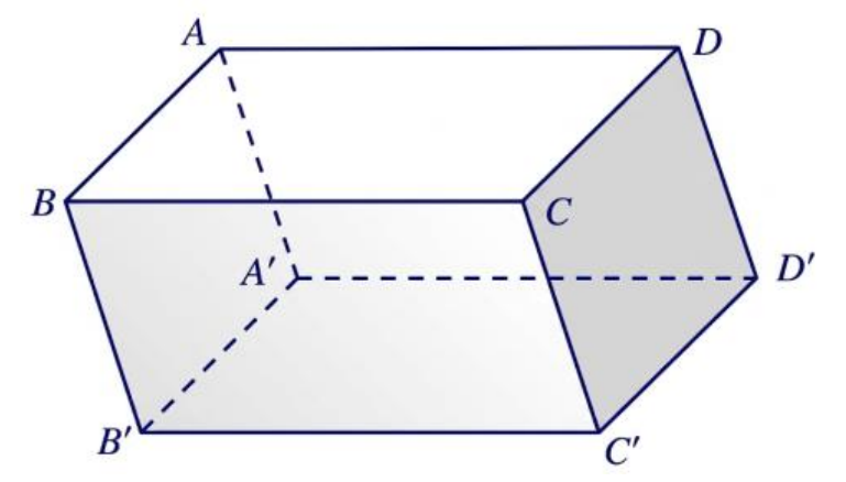Hình hộp ABCD.A phẩy B phẩy C phẩy D phẩy với mặt ABCD ở trên và mặt A phẩy B phẩy C phẩy D phẩy ở dưới, các đường khuất vẽ nét đứt