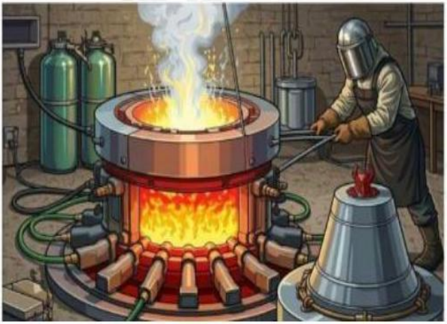 Lò nấu chảy đồng đang cháy và chiếc chuông đồng đặt bên cạnh