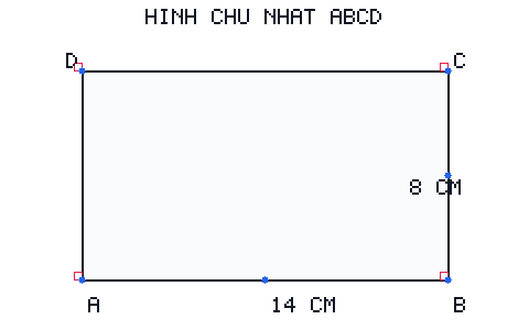 Hình chữ nhật ABCD có chiều dài 14 cm và chiều rộng 8 cm.