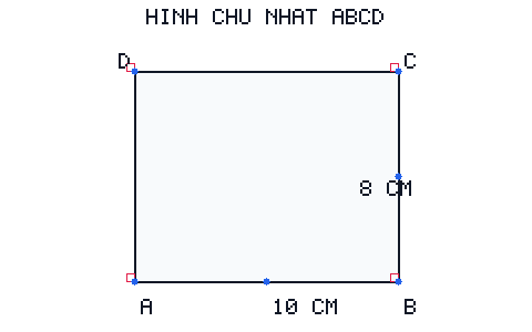 Hình chữ nhật ABCD có chiều dài 10 cm và chiều rộng 8 cm.